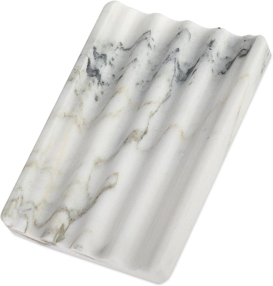 Koville African Natural Marble Soap Dish for Shower, Stone Soap Tray for Bathroom, Bar Soap Holder for Sink, Stripe Grooves Soap Saver Stone Dish Keep Bars Dry Easy Clean (Namib Bianco)