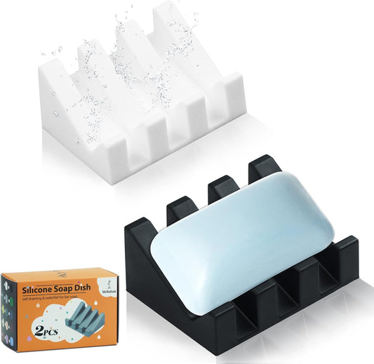Self Draining Silicone Soap Dish Holder Waterfall Tray, 2 Pack Black White