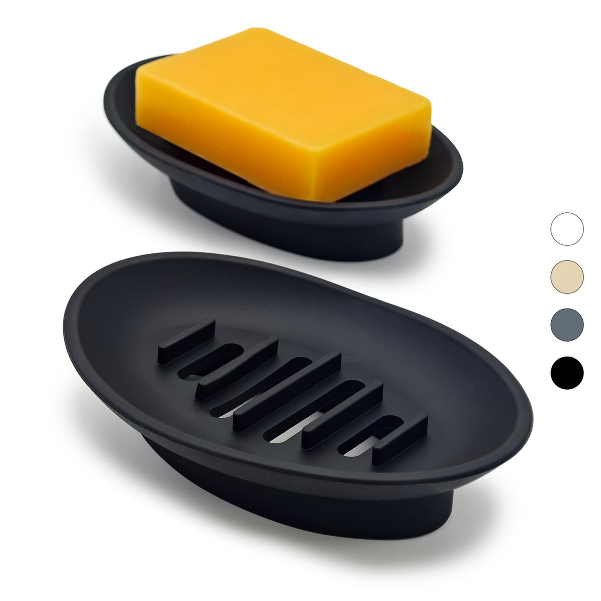 2 Pack Silicone Bar Soap Holder for Shower, Self-Draining Black Soap Dish Tray for Bathroom Sink, Kitchen Counter, Shower Niche/Shelf, Bathtub, Easy Cleaning Simple Oval Soap Saver Stand