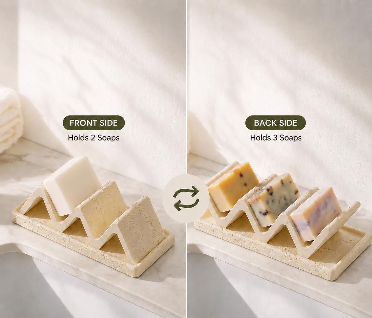 Faux Travertine Soap Dish, Quick-Dry Beige with Removable Drip Tray