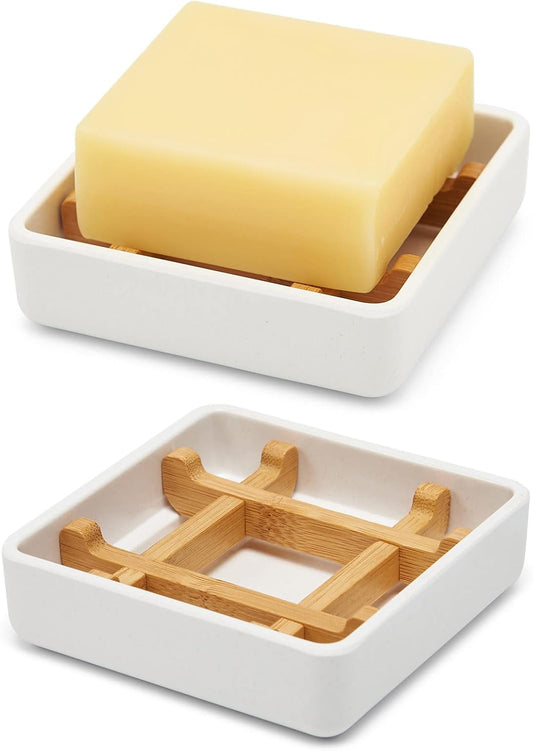 Bamboo Soap Dishes for Bar Soap Holders for Shower for Bathroom Sink Bulk Small Wooden Soap Tray Jabonera Pretty Neat Ventilated Soap Dish Disj Disk, Detachable (Single Right Angle White)