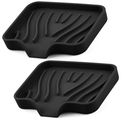 Silicone Soap Dish with Drain Spouts, Bar Soap Holder, Self-Draining Sink Organizer Kitchen Sponge Tray, Non-Slip Dispensers for Bathroom, Kitchen (Grey, 2 Short)