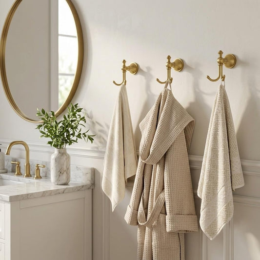 Antique Brass Towel Hooks for Bathroom, 2 Pack Wall‑Mounted Heavy-Duty Gold