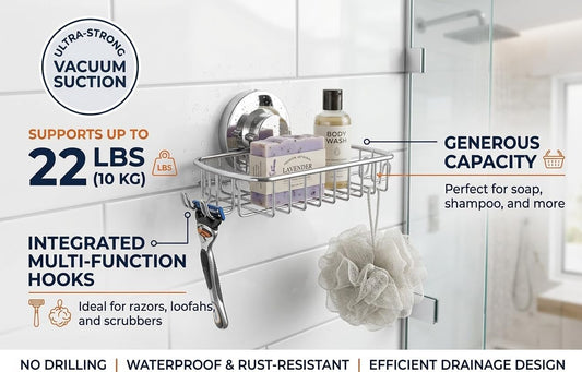 Soap Dish for Shower Suction Cup Powerful Vacuum System Rustproof 304 Stainless Steel Basket Sponges Holder with Razor Hooks for Bathroom or Kitchen Soap Holder (Silver)