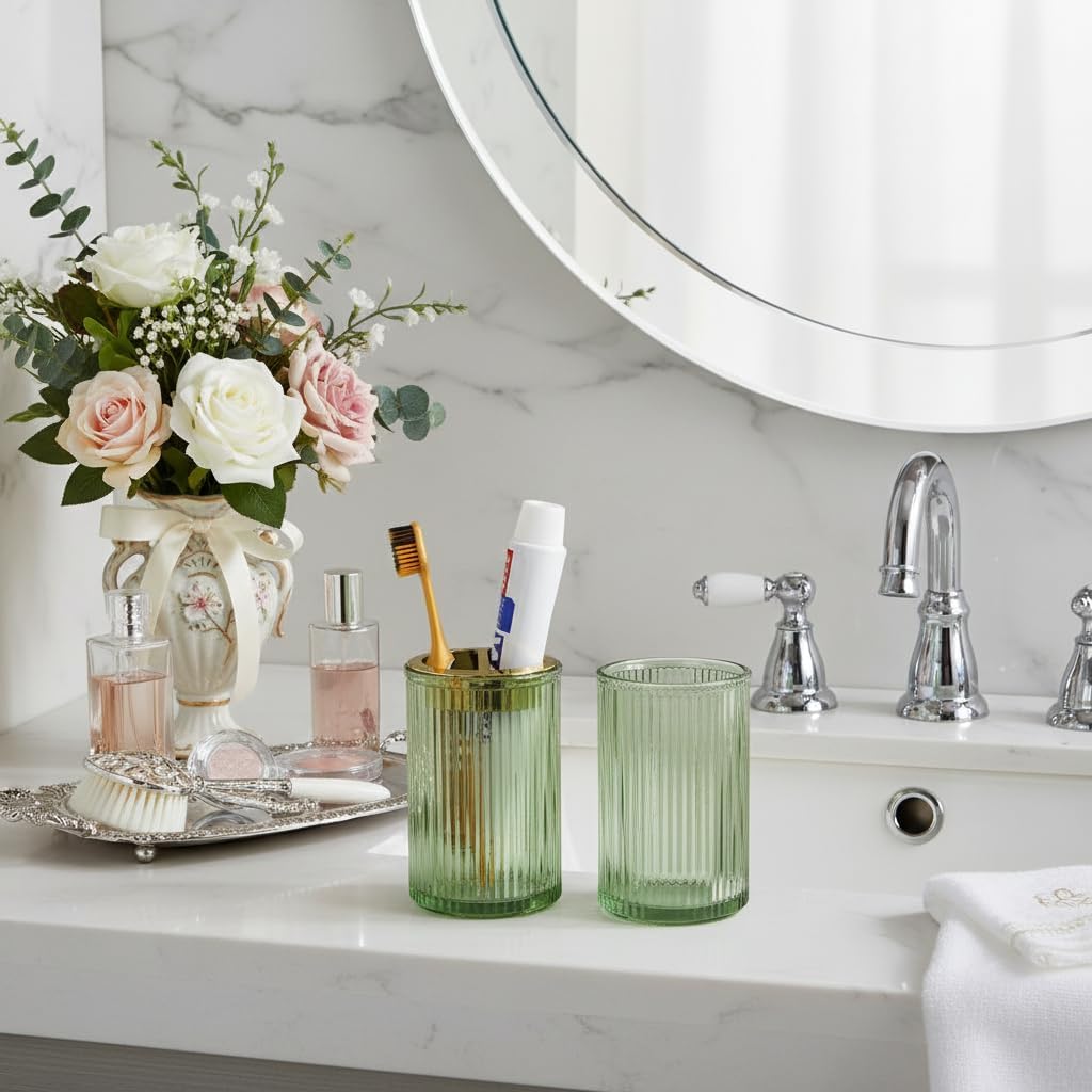 Toothbrush Holders for Bathrooms, 2pcs Glass Toothbrush Holder, 12oz Bathroom Tumbler and Mouthwash Cup, Tooth Brush and Toothpaste Organizer for Bathroom Vanity Countertop (Green Gold)