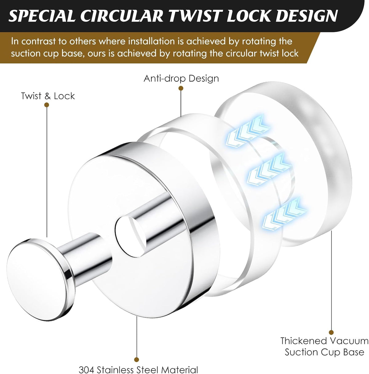 MOTAIPEAK Suction Cup Hooks for Shower, No-Drill, Chrome Polished 2-Pack