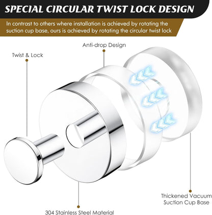 MOTAIPEAK Suction Cup Hooks for Shower, No-Drill, Chrome Polished 2-Pack