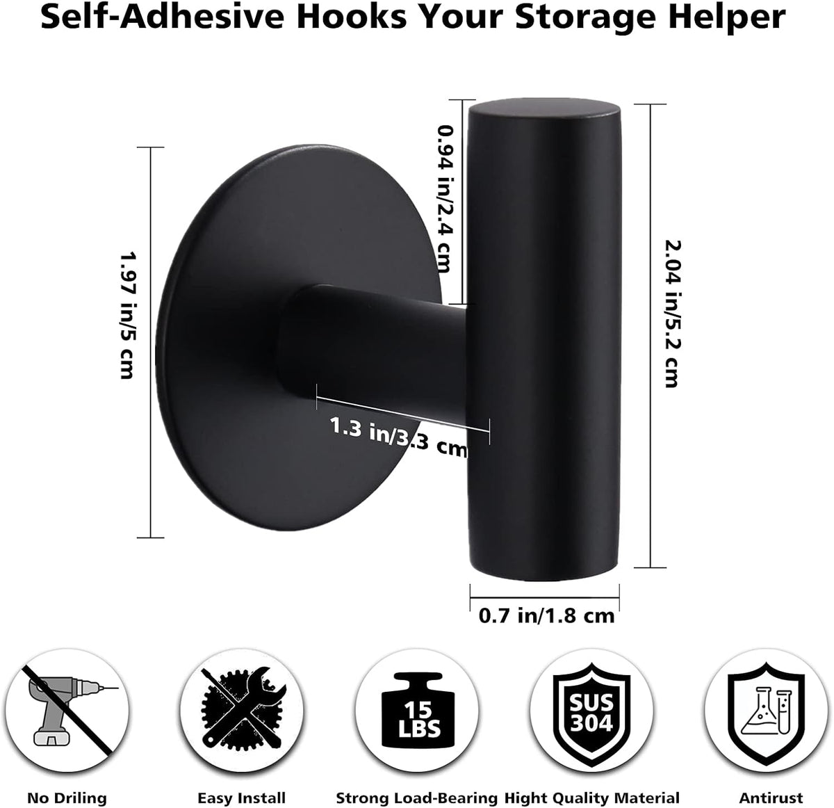 Bntuk Adhesive Hooks Heavy Duty Wall Hooks Stainless Steel Waterproof Shower Hooks, Adhesive Holders Coat Hooks for Hanging, Wall Mounted Towel Hooks for Bathroom Kitchen - 2 Pack