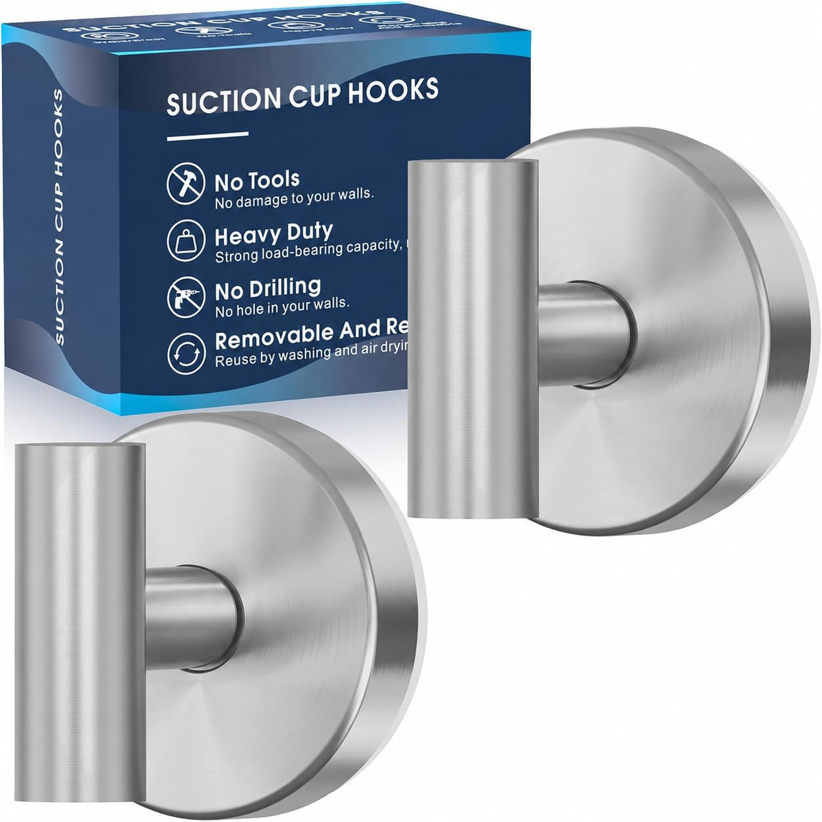 MOTAIPEAK Suction Cup Hooks for Shower, No-Drill, Chrome Polished 2-Pack