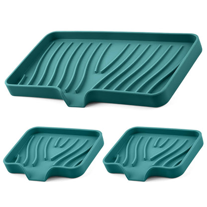 Silicone Soap Dish with Drain Spouts, Bar Soap Holder, Self-Draining Sink Organizer Kitchen Sponge Tray, Non-Slip Dispensers for Bathroom, Kitchen (Grey, 2 Short)