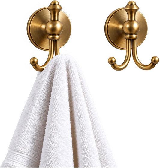 Antique Brass Towel Hooks for Bathroom, 2 Pack Wall‑Mounted Heavy-Duty Gold