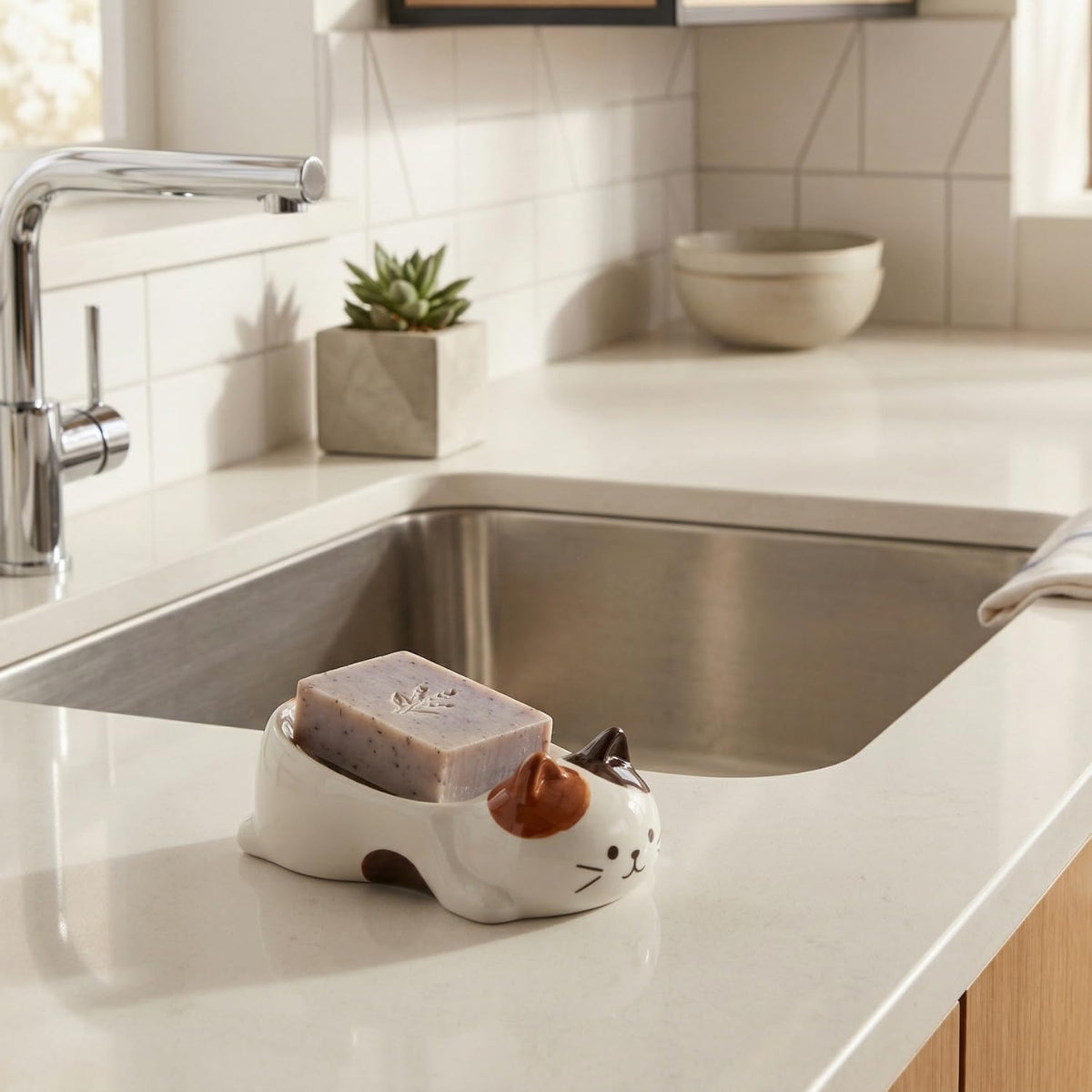 Cute Cat Decorative Soap Dish, Self-Draining Soap Holder Tray for Bathroom Shower, Kitchen Sink & Bathtub (Calico)