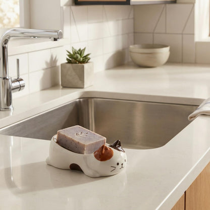 Cute Cat Decorative Soap Dish, Self-Draining Soap Holder Tray for Bathroom Shower, Kitchen Sink & Bathtub (Calico)