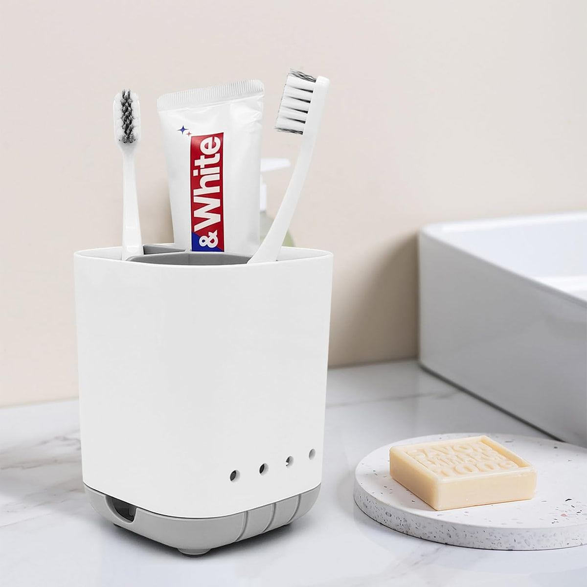 Toothbrush Holder for Bathroom,Plastic Detachable for Easy Cleaning Multi-Functional Storage,3 Slots Anti-Slip Electric Toothbrush and Toothpaste Organizer Caddy for Bathroom Vanity,Countertop (Grey)