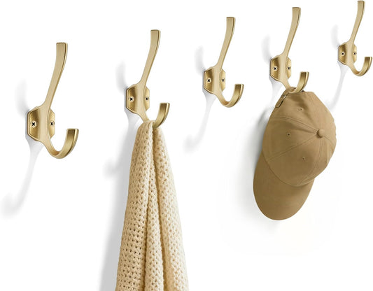 AVICCI 5 Pack Coat Hooks Matte Gold Towel Hooks Robe Hooks for Bathroom Living Room Bedroom Hanger for Robe Dressing Room
