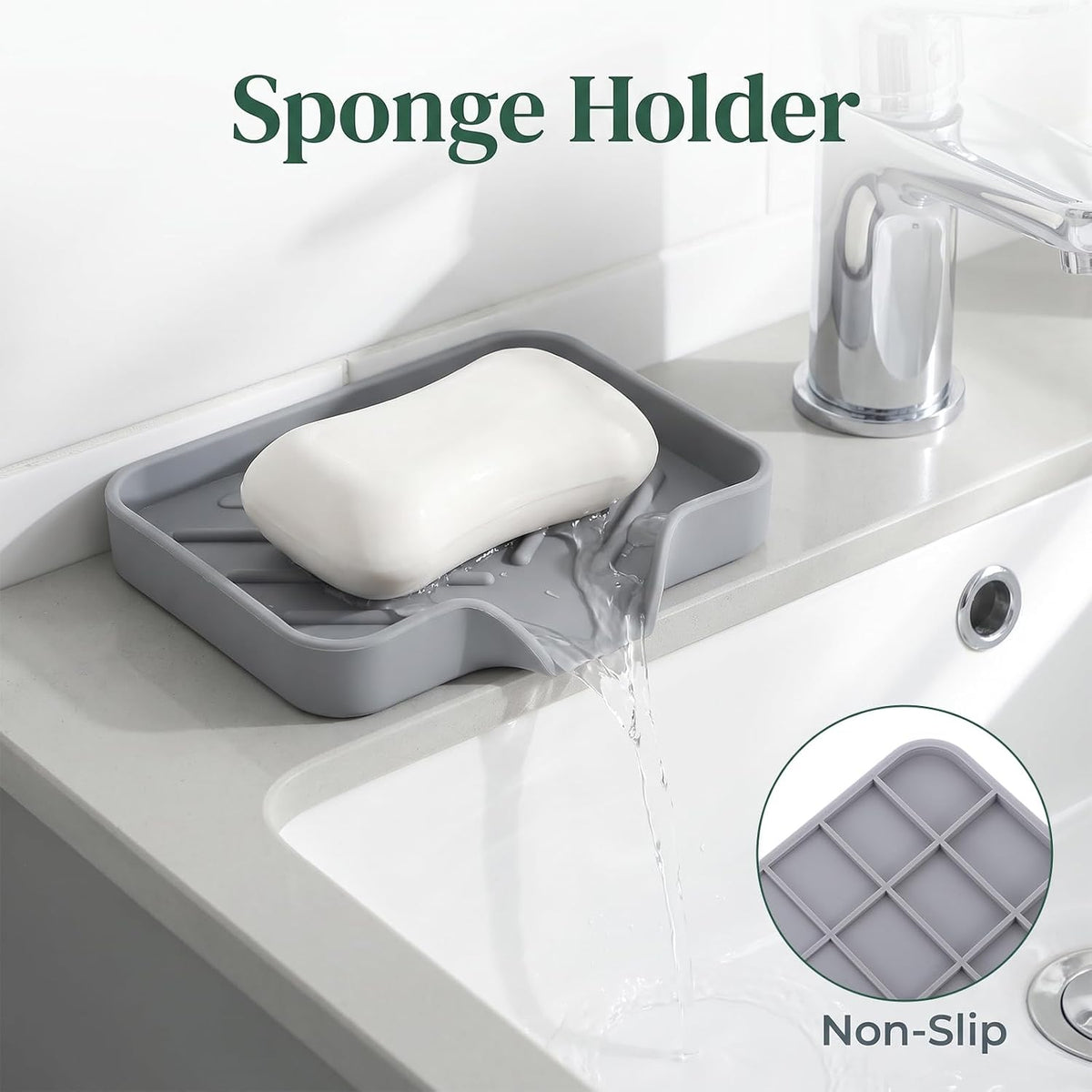 2 Pack Sponge Holder for Kitchen Sink, Silicone Soap Dish with Drain