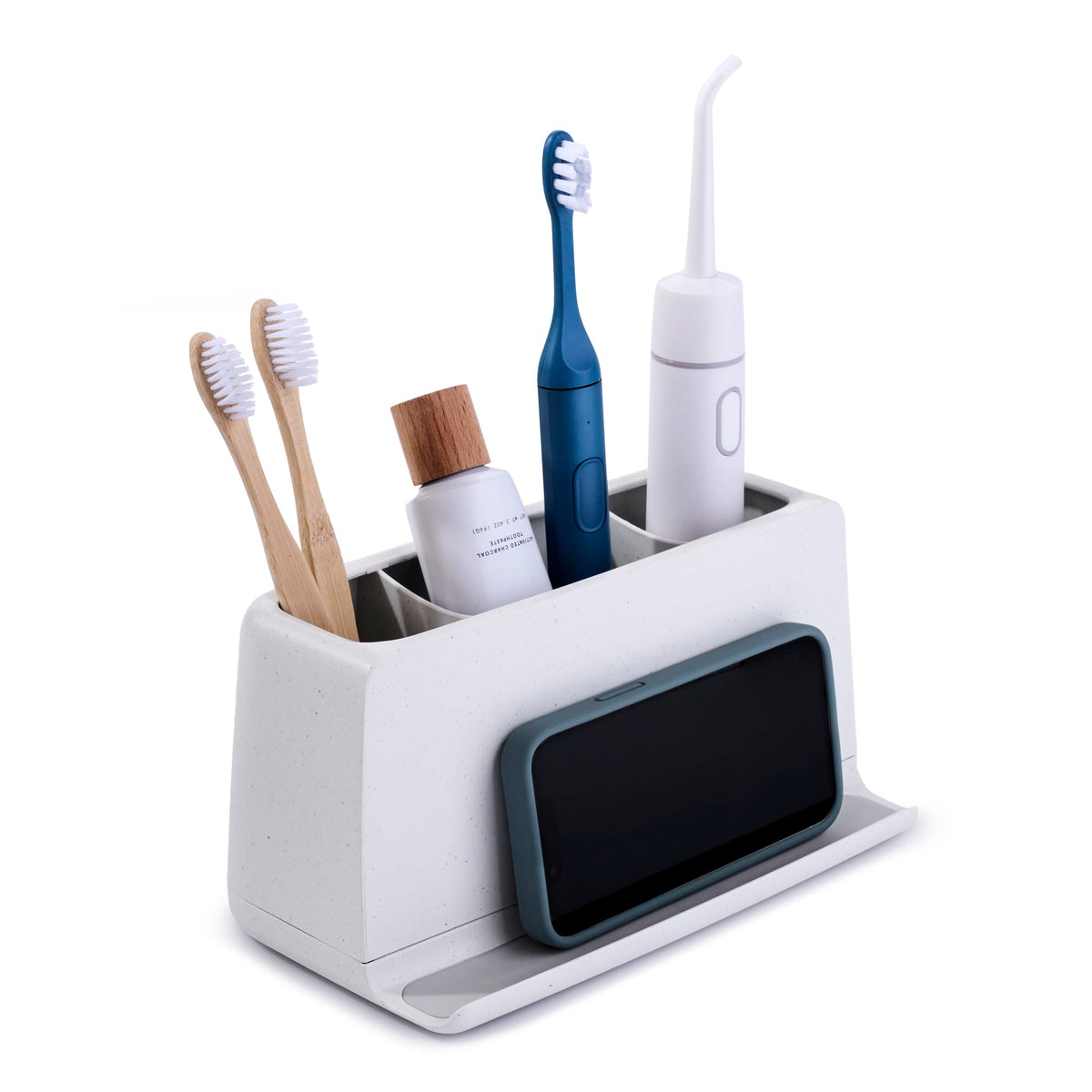 YouCopia The Ledge Toothbrush Holder, 2-Slot, Bathroom Vanity Counter Organizer with Cord Slots, Removable Base and Storage for Phones, Toothpaste and Accessories