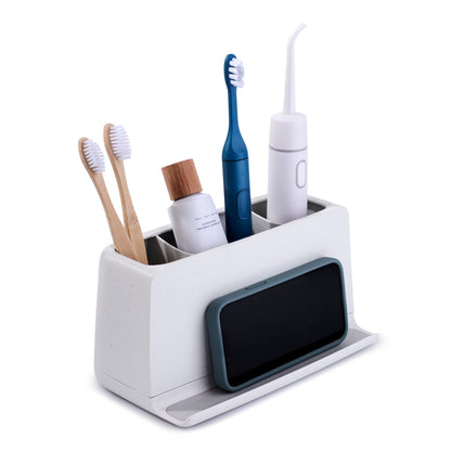 YouCopia The Ledge Toothbrush Holder, 2-Slot, Bathroom Vanity Counter Organizer with Cord Slots, Removable Base and Storage for Phones, Toothpaste and Accessories