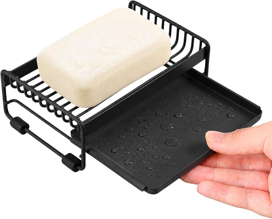 Soap Dish for Shower, Carbon Steel Bar Soap Holder with Water Tray, Soap Organizer for Bathroom, Kitchen Sink and Countertop(Black)