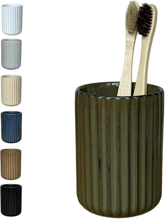 Stoneware Toothbrush Holder for Bathroom Tooth Brush Holder for Bathroom Toothbrush Cup Toothbrush Holders Cute Fluted Vertical Ribbed Stripe (Retro Green)