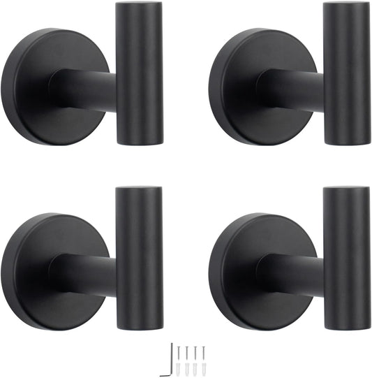 NearMoon Bath Towel Hooks- SUS 304 Stainless Steel Robe Hook Holder, Heavy Duty Coat Hook for Bathroom Livingroom Hotel Kitchen Garage, Wall Mounted (Matte Black, 4 Pack)