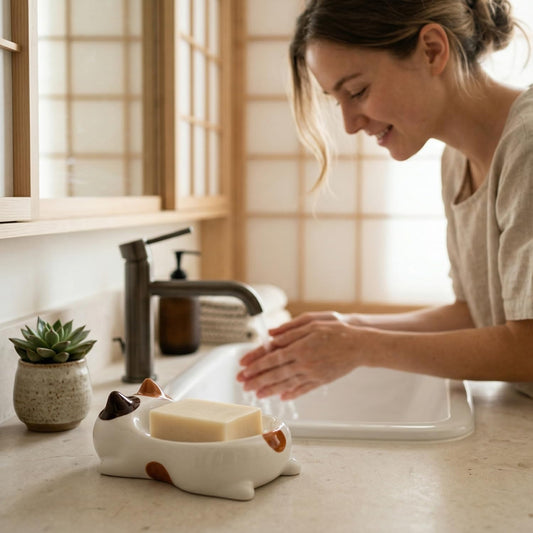 Cute Cat Decorative Soap Dish, Self-Draining Soap Holder Tray for Bathroom Shower, Kitchen Sink & Bathtub (Calico)