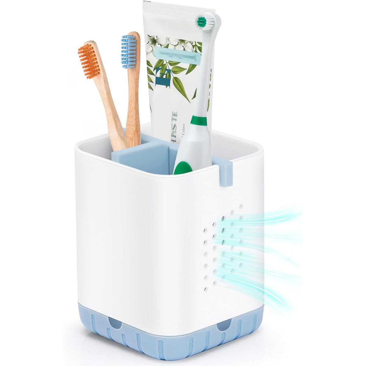 Boperzi Toothbrush and Toothpaste Holder with Bamboo Divider for Bathroom Countertop Organizer, Plastic Detachable Anti-Slip Large Electric Toothbrush Holders Storage Caddy Drainage for Family, Kids