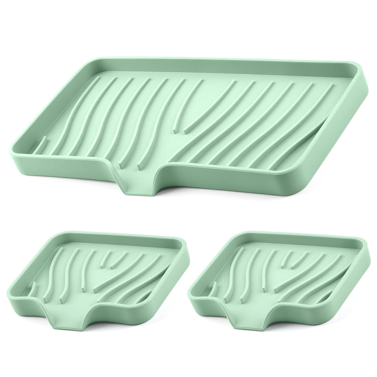 Silicone Soap Dish with Drain Spouts, Bar Soap Holder, Self-Draining Sink Organizer Kitchen Sponge Tray, Non-Slip Dispensers for Bathroom, Kitchen (Grey, 2 Short)