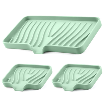 Silicone Soap Dish with Drain Spouts, Bar Soap Holder, Self-Draining Sink Organizer Kitchen Sponge Tray, Non-Slip Dispensers for Bathroom, Kitchen (Grey, 2 Short)
