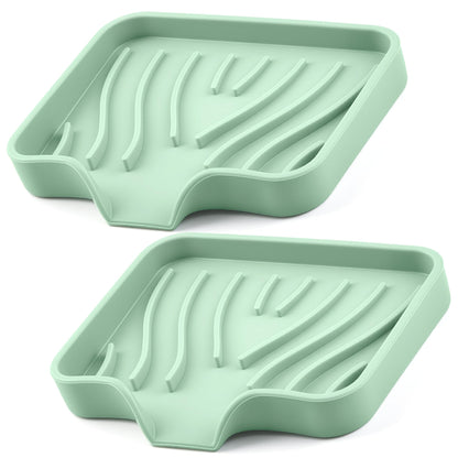 Silicone Soap Dish with Drain Spouts, Bar Soap Holder, Self-Draining Sink Organizer Kitchen Sponge Tray, Non-Slip Dispensers for Bathroom, Kitchen (Grey, 2 Short)