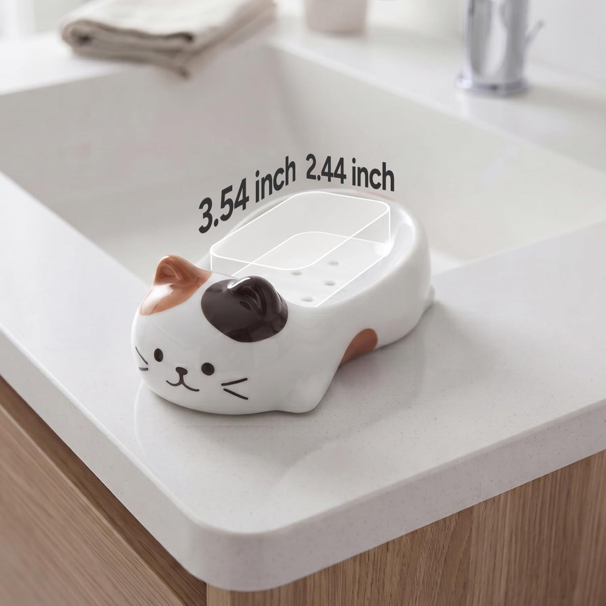 Cute Cat Decorative Soap Dish, Self-Draining Soap Holder Tray for Bathroom Shower, Kitchen Sink & Bathtub (Calico)