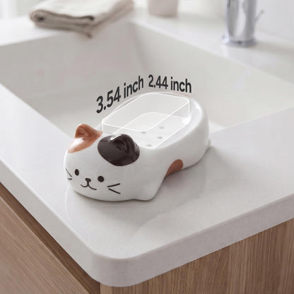 Cute Cat Decorative Soap Dish, Self-Draining Soap Holder Tray for Bathroom Shower, Kitchen Sink & Bathtub (Calico)