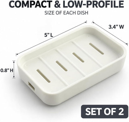 2 Pack Plastic Soap Dish with Drainage, Self-Draining Soap Holder for Bathroom & Kitchen Sink, 2-Layer Soap Saver Tray with Removable Drain Tray, White, 5” x 3.4” x 0.8”
