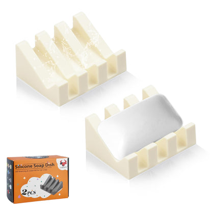 Self Draining Soap Dish Holder,Silicone Soap Dish,for Bathroom,Kitchen, Sponges，Can Extend Soap Life，Keep Soap Bars Dry and Easy Cleaning (White,2-Pack)