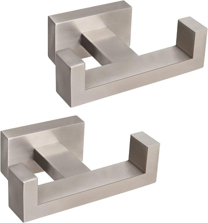 NearMoon Bath Double Towel Hook- SUS304 Stainless Steel Square Robe Towel Holder, Heavy Duty Rustproof Double Coat Hook for Bathroom Livingroom Kitchen Wall Mounted, 2 Pack (Brushed Nickel)