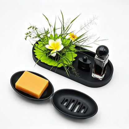 2 Pack Silicone Bar Soap Holder for Shower, Self-Draining Black Soap Dish Tray for Bathroom Sink, Kitchen Counter, Shower Niche/Shelf, Bathtub, Easy Cleaning Simple Oval Soap Saver Stand