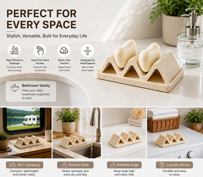 Faux Travertine Soap Dish, Quick-Dry Beige with Removable Drip Tray