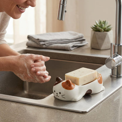 Cute Cat Decorative Soap Dish, Self-Draining Soap Holder Tray for Bathroom Shower, Kitchen Sink & Bathtub (Calico)