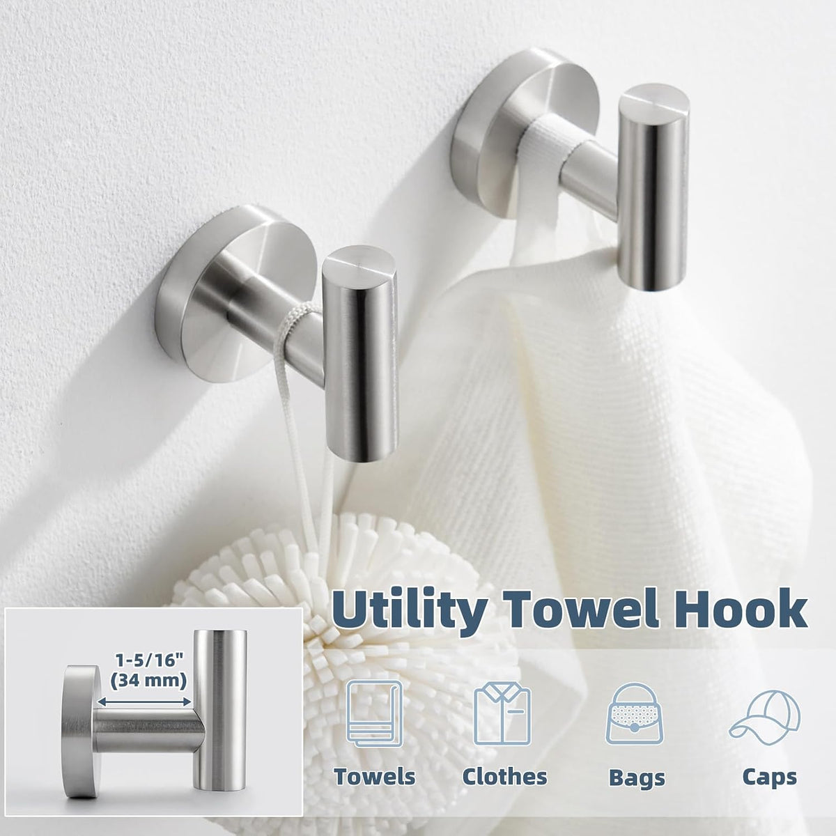 APLusee Brushed Nickel Bathroom Towel Hooks, 2 Pack, 304 Stainless Steel