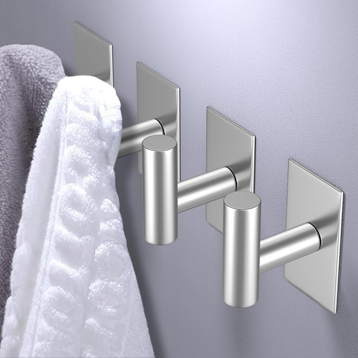 VAEHOLD Wall Towel Hooks, Heavy Duty Sticky Holder Waterproof Towel Hooks for Hanging Coat, Clothes, Closet Hook Wall Mount for Kitchen (Silver, 4 Pack)