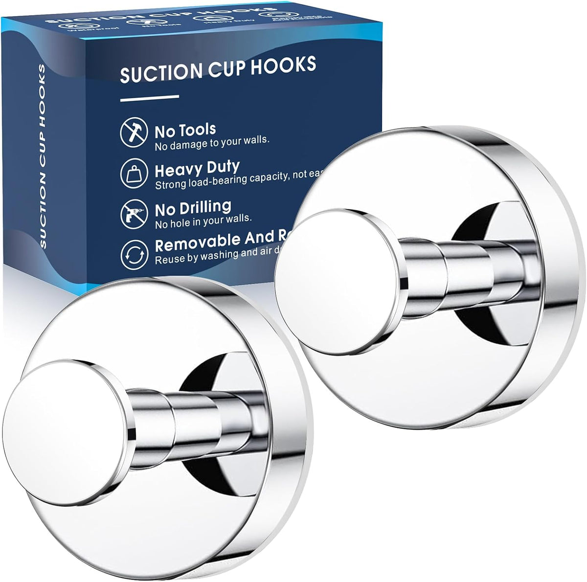 MOTAIPEAK Suction Cup Hooks for Shower, No-Drill, Chrome Polished 2-Pack