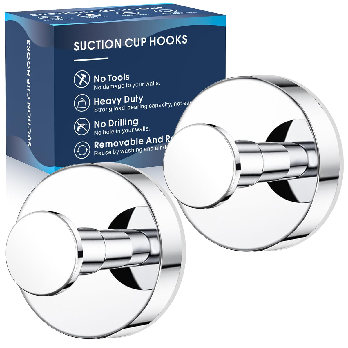 MOTAIPEAK Suction Cup Hooks for Shower, No-Drill, Chrome Polished 2-Pack