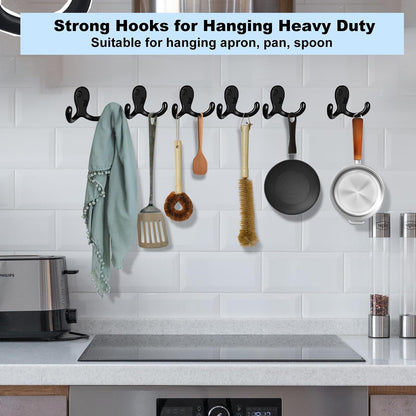 Kruodop 4 Pack Wall Hooks Wall Mounted Coat Hooks for Hanging Heavy Duty, Black Towel Hooks, Metal Double Coat Hanger with Screws Cup Retro for Coats, Handbags, Towels, Hat