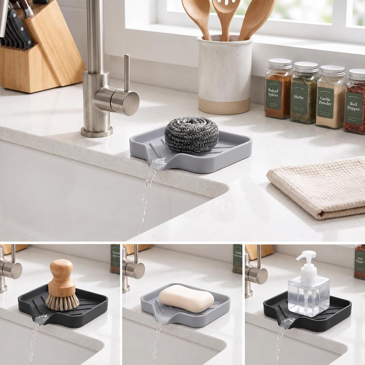 2 Pack Sponge Holder for Kitchen Sink, Silicone Soap Dish with Drain