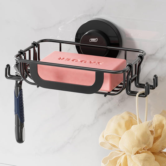 TAILI Soap Holder, Soap Dish Suction Cup with Hooks, Bar Soap Holde, Black