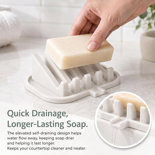 Silicone Soap Dish Holder for Shower with Self Draining (1, White)