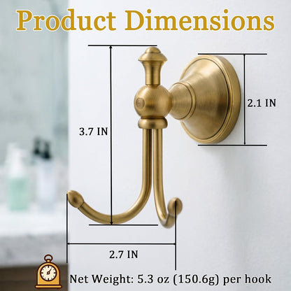 2 Pack Antique Gold Brass Wall-Mounted Bathroom Hooks for Towels and Robes