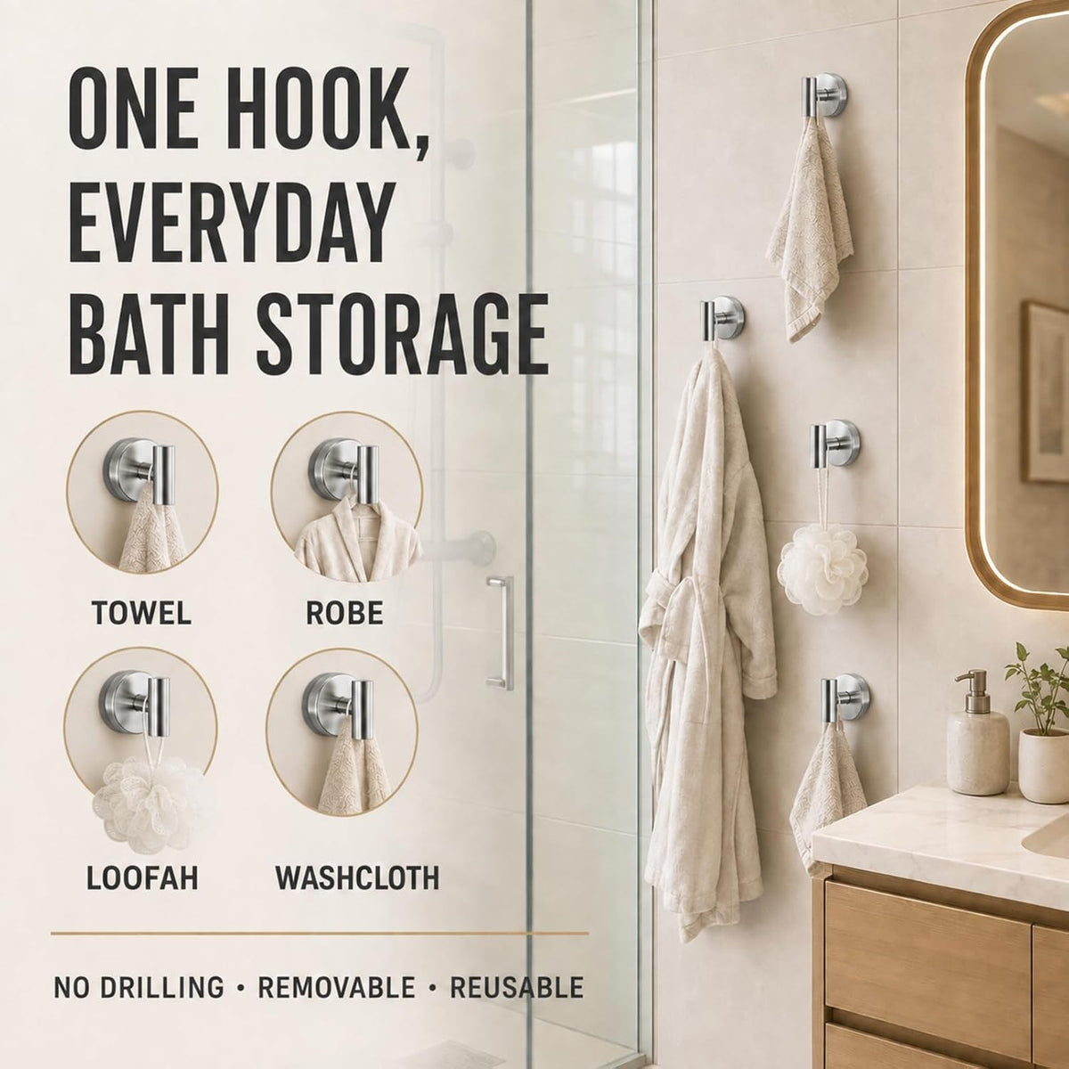 Suction Cup Hooks for Shower - Bathroom Reusable Towel Hooks