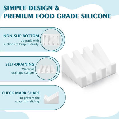 Self Draining Soap Dish Holder,Silicone Soap Dish,for Bathroom,Kitchen, Sponges，Can Extend Soap Life，Keep Soap Bars Dry and Easy Cleaning (White,2-Pack)