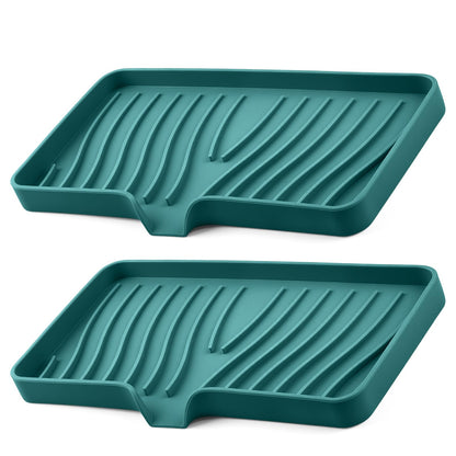 Silicone Soap Dish with Drain Spouts, Bar Soap Holder, Self-Draining Sink Organizer Kitchen Sponge Tray, Non-Slip Dispensers for Bathroom, Kitchen (Grey, 2 Short)